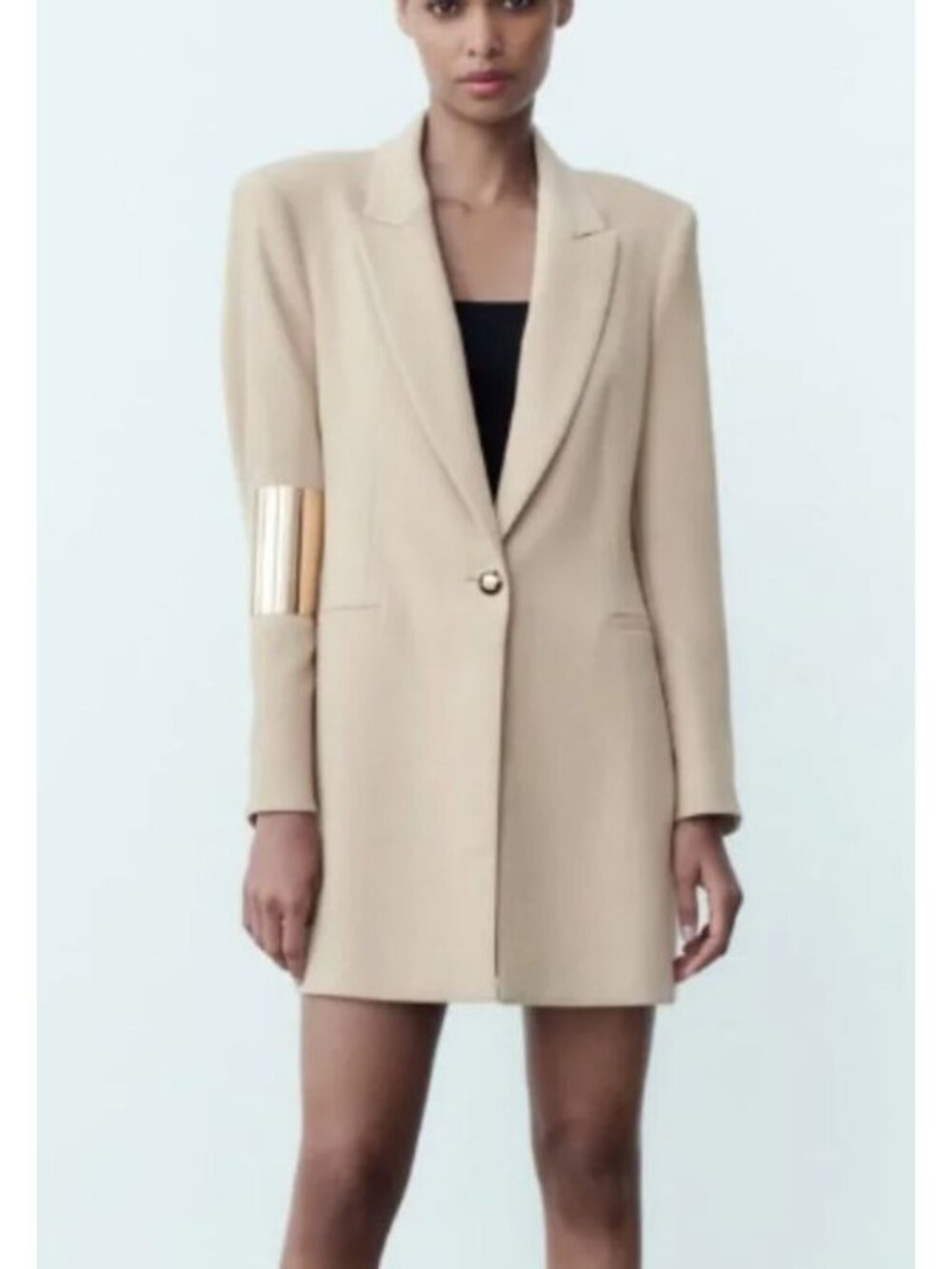 ZARA Long Blazer Jacket Coat Single Gold Button Beige Medium